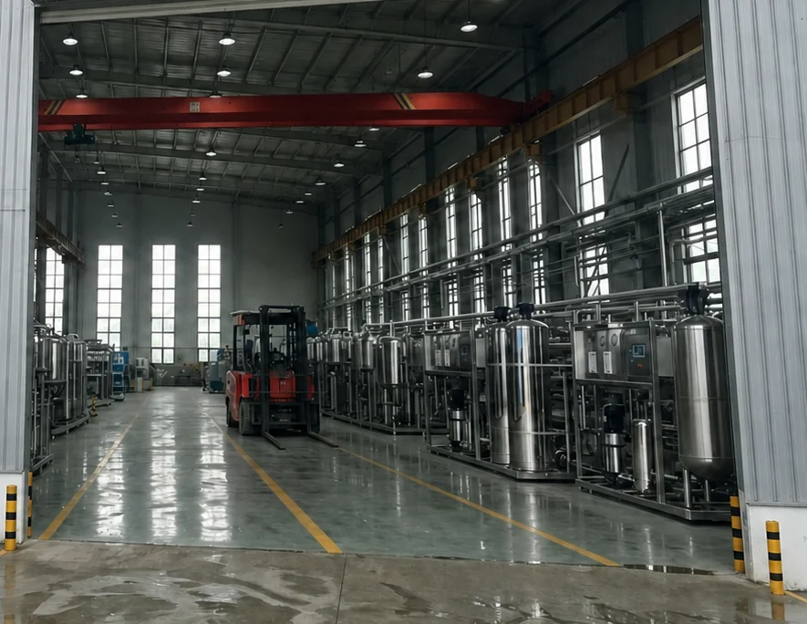 Rows of assembled industrial water-treatment equipment inside the KONCHE production workshop