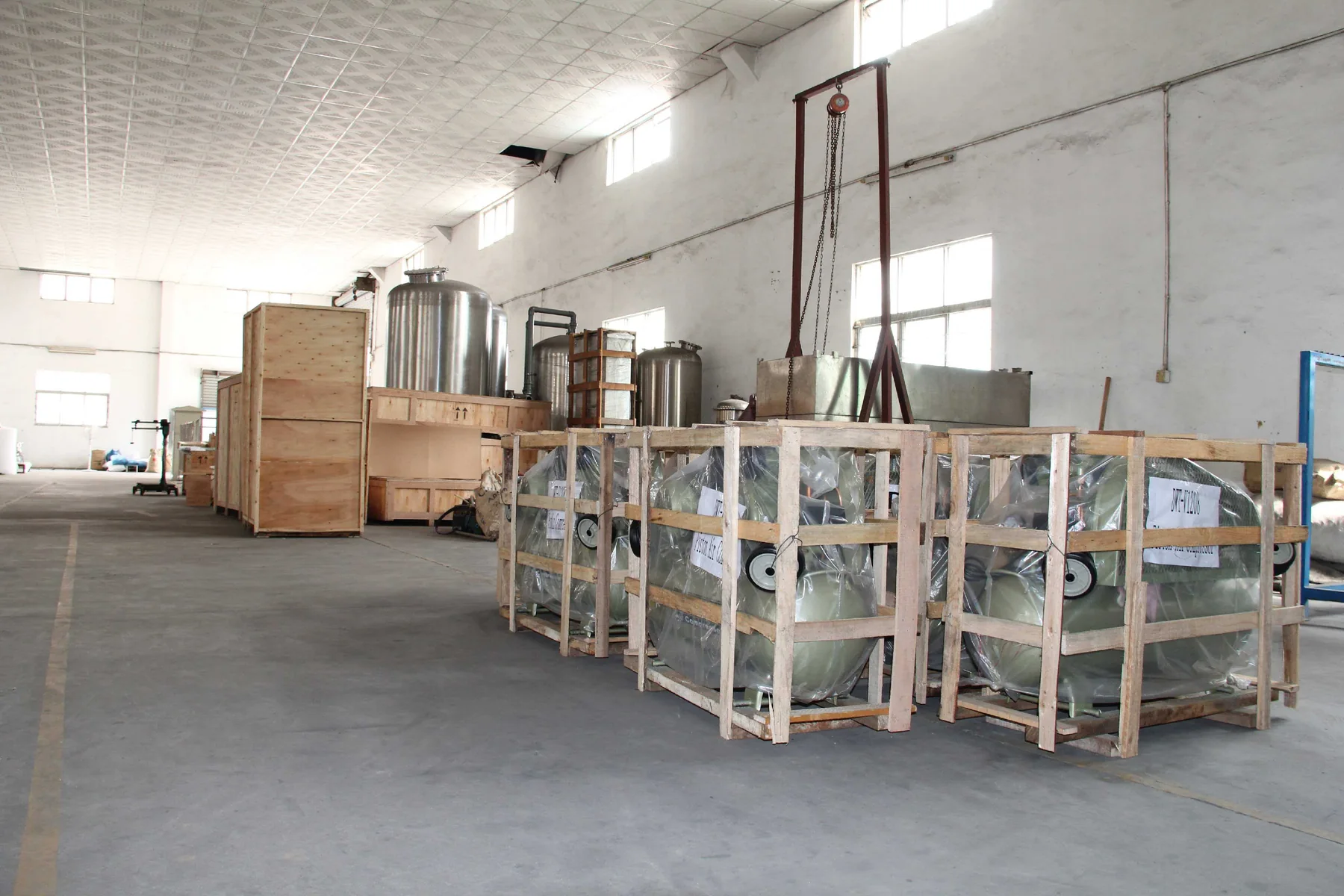 Crated water-treatment equipment prepared inside the factory