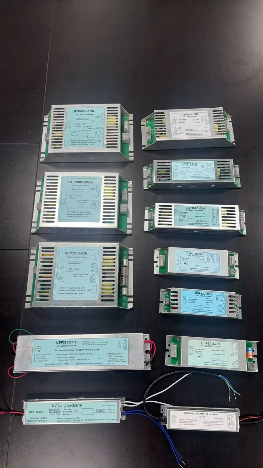 Electronic ballasts matched to UV lamp power classes