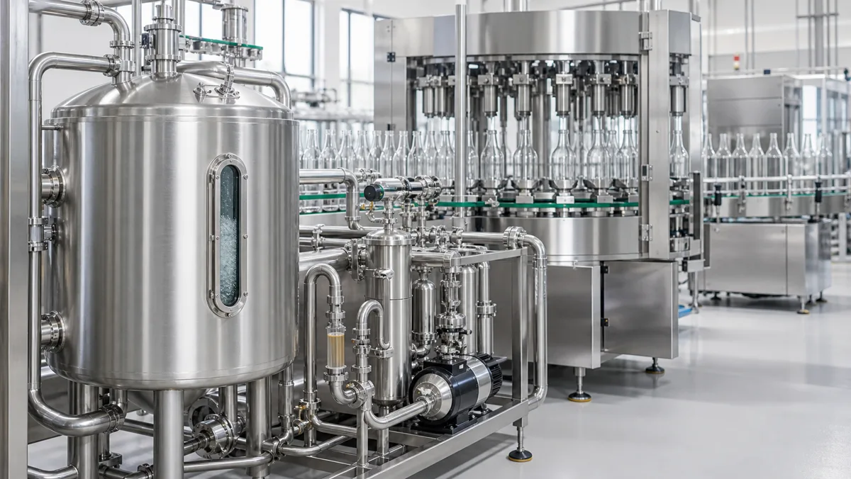 Sanitary process-water equipment beside a food and beverage bottling line